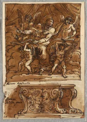 Papst Gregor VII. und vier Engel, Studie nach Raffael "Personen des Papsttums"; Antike Bank