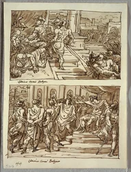 Remus tötet König Amulius; Remus in Ketten vor König Amulius; Zwei Studien nach Carracci