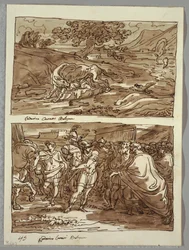 Romulus und Remus von der Wölfin gesäugt; Romulus weiht Jove Feretrius die Beute des besiegten Königs Acronius, Zwei Studien nach Carracci