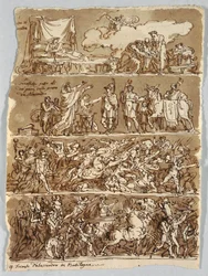 Skizzenbuchseite: Geburt Alexanders des Großen; Schlacht von Alexander und Darius; Triumph von Alexander