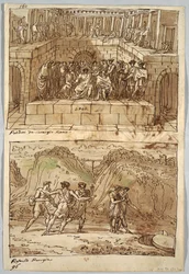 Skizzenbuchseite, Folio 98: Zwei Gemälde nach Caravaggio und Raphael; Rückseite: Adler und Ochse