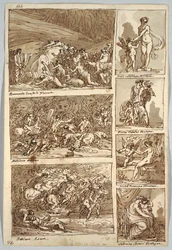 Skizzenbuchseite: Studien nach Gemälden in Ferrara, Rom, Bologna, Mantua nach Künstlern Tibaldi, Raphael, Andrea del Sarto und Polidoro; Rückseite: Vogelskelett und Pferdekopf