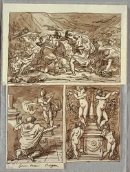 Die Schlacht zwischen den Römern und den Sabinern; Erscheinung des Romulus an Proculus, zwei Studien nach den Carracci; Kandelaber