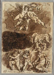 Drei Putti mit Girlande; Romulus und Remus, die von der Wölfin gesäugt werden; Zwei Putti spielen Zimbeln