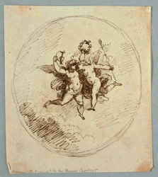 Zwei fliegende Putti mit Attributen des Dionysos