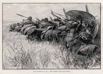 Der Angriff der Massai. Gravur von Myrbach zur Illustration der Geschichte 