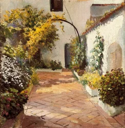Klosterhof. Gemälde in Marmolejo in der Provinz Jaen in Spanien. Öl auf Leinwand von Felipe Abarzuza (1871-1948), erste Hälfte des 20. Jahrhunderts