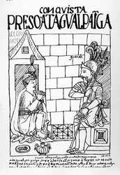 Atahualpa Inka in seinem Gefängnis in Cajamarca