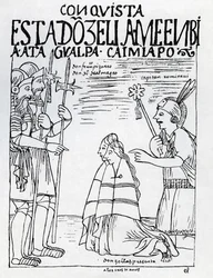 Kapitän Ruminavi präsentiert Francisco Pizarro und Diego de Almagro zwei Frauen