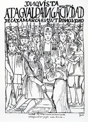 Diego de Almagro, Francisco Pizarro und Pater Vicente de Valverde knien vor Atahualpa Inka in Cajamarca