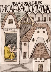 Inka-Reich: Tempel und Paläste in Cuzco, Peru - Tuschzeichnung aus dem Manuskript „Nueva coronica y buen gobierno“ von Don Felipe Puma de Ayala, das das Leben der Inkas illustriert, um 1587 Lima, Museo Nacional de Antropología, Arqueología e Historia de
