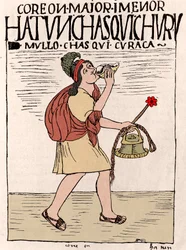 Inka-Reich: ein Chasquis (oder Chaskis), Läuferbote, mit einem Qipi auf dem Rücken und einem Quipu in der Hand - Er spielt Pututo (Trompete aus Muschelschale) - Tuschzeichnung aus dem Manuskript „Nueva coronica y buen gobierno“ von Don Felipe Puma de Ayala