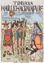 Inka-Reich: Beginn der Feldarbeit im August, Anlass eines großen Volksfestes, an dem auch die Adligen teilnahmen - Tuschzeichnung aus dem Manuskript „Nueva coronica y buen gobierno“ von Don Felipe Puma de Ayala