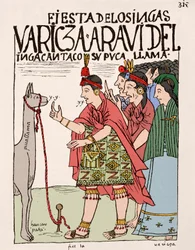 Inka-Reich: Das Opfer eines Lamas bei einem Inka-Ritus, Tuschzeichnung aus dem Manuskript 
