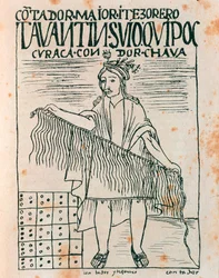 Inka-Mann hält ein Quipu: Abrechnungssystem mit Schnüren und Knoten