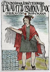 Quipu (Quipo Quipou) Inka-Buchhaltungssystem aus Seilen und Knoten, Inka-Kultur 1400-1532 n. Chr., Manuskript von Felipe Guaman Puma de Ayala (Nueva Coronica y buen Gobierno), indianischer Kolumnist des 16. Jahrhunderts.
