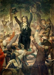 Camille Desmoulins (1760-1794) hielt eine Ansprache an die Patrioten in den Gärten des Palais Royal. Erste Szene der Französischen Revolution in Paris: Am 12/07/1789, nach der Entlassung Jacques Neckers durch den König, hielt Camille Desmoulins eine