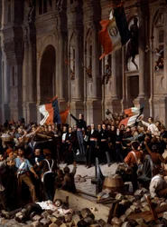 Revolution von 1848: Alphonse de Lamartine (1790 - 1869) lehnt vor dem Rathaus die rote Fahne zugunsten der Trikolore ab. Paris, 26. Februar 1848. Detail. Paris, Musée du Petit Palais - Revolution von 1848