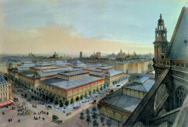 Blick auf Les Halles in Paris von der oberen Galerie von Saint-Eustache aus, um 1870-80