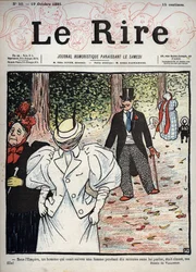 Titelblatt der Zeitung „Le Rire“, Nr. 50, 10. Oktober 1895: Unter dem Empire war ein Mann, der es wagte, einer Frau zehn Minuten lang zu folgen, ohne mit ihr zu sprechen, elegant, meine Tochter! Zeichnung von Felix Vallotton