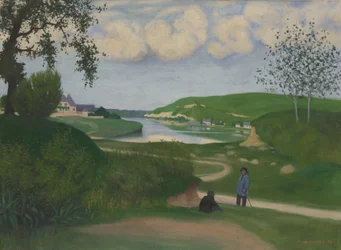 Landschaft mit Fluss und zwei Figuren