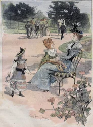 Der Spaziergang der Kinder zum Akklimatisationsgarten in Paris im Jahr 1892. Stich nach einem Aquarell von Fournery.