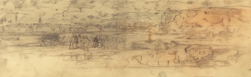 Mündung mit einem befestigten Hafen links und Klippen rechts