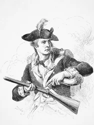 Ein amerikanischer Soldat während des Unabhängigkeitskrieges, der sein Pulverhorn benutzt, um die Pfanne seines Steinschlossmuskets zu füllen, graviert von A. Bollett
