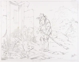 (Rip Van Winkle, Illustration) Rip kehrt zu seinem Haus in Ruinen zurück