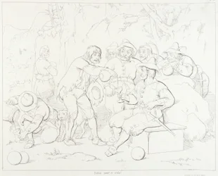 (Rip Van Winkle, Illustration) Rip serviert den seltsamen Männern in den Bergen Alkohol