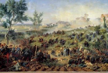 Ansicht der Schlacht von Montebello di Casteggio, 20/05/1859. Frankreich besiegt die österreichische Armee. (1815-1884) 1862. Maße: 1 x 1,5 m. Paris, Musée de l’Armée. F