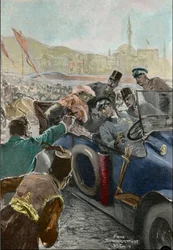 Ermordung von Franz Ferdinand (1863-1914), Erzherzog von Österreich, und seiner Frau Sophie in Sarajevo (Gravur)