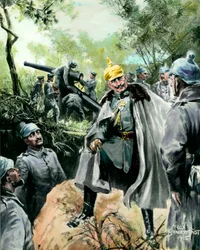 Erster Weltkrieg: Porträt von Kaiser Wilhelm II. (1859-1941) beim Besuch eines Artilleriepostens
