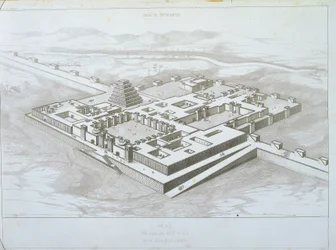 Khorsabad-Palast, historische Ansicht von Südosten mit einem Teil der befestigten Mauern, Illustration aus 