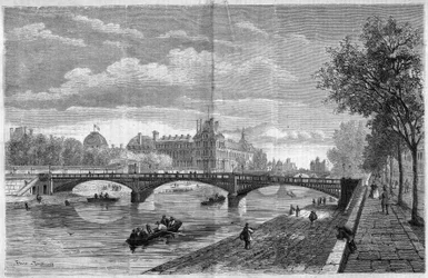 Architektur: Ansicht der Solferino-Brücke in Paris. Erbaut von Ingenieur Paul Martin Gallocher de Lagalisserie (1805-1871) und 1861 eingeweiht, wurde sie 1960 abgerissen und durch die Senghor-Brücke (Solferino-Brücke) ersetzt. Gravur von Felix Thorigny.