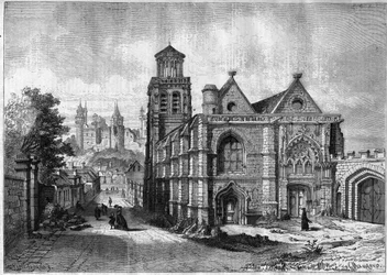 Kirche Saint Sulpice von Pierrefonds im Département Oise in der Region Picardie - Kupferstich von 1868 nach einer Zeichnung von Felix de Thorigny
