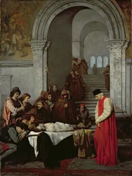 Der Maler Luca Signorelli steht neben dem Leichnam des toten Sohnes seines Rivalen, 1859