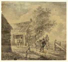 Bauernhof mit Männern und Kühen
