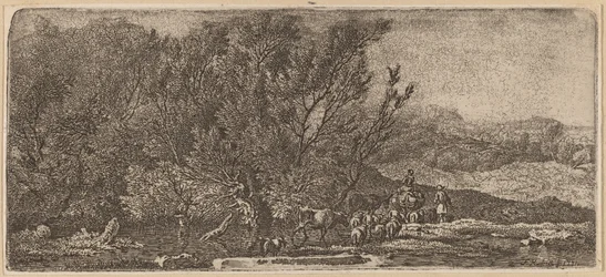 Hirten mit ihrer Herde, die einen Bach durchqueren