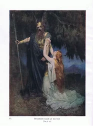 Brunhilde kniete zu seinen Füßen, Illustration aus Die Geschichten von Wagners Opern, veröffentlicht von George Harrap & Co Ltd, 1932