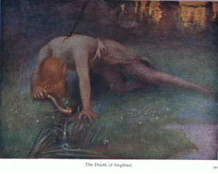 Der Tod von Siegfried, Illustration aus Die Geschichten von Wagners Opern, veröffentlicht von George Harrap & Co Ltd, 1932