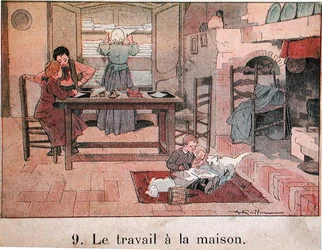 Abendarbeit auf dem Land, Illustration für ein Schulbuch, ca. 1900