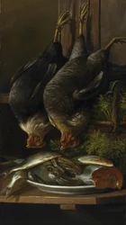 Stillleben mit Hühnern und Fischen
