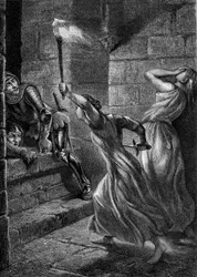 Heldentum: Julienne Du Guesclin, die Schwester von Bertrand Duguesclin, griff ein Schwein, um englische Soldaten abzuwehren, die versuchten, die Burg Pontorson zu erobern. 14. Jahrhundert. Gravur von 1864 von Eugène Delacroix.