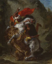 Von einem Löwen angegriffener arabischer Reiter, 1849-50
