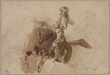 Gepanzerte Figur zu Pferd recto, Pferd vor einer Scheune verso, um 1828