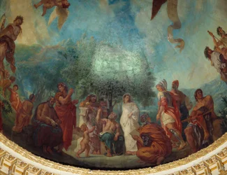 Abstieg in die Unterwelt: die Gruppe der Berühmten: von links nach rechts, Demosthenes (sitzend), Xenophon, Platon und Sokrates, Aspasia (weiß), Apelles, Alexander der Große, Aristoteles und Achilles sitzend, Gemälde von Eugene Delacroix