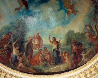 Abstieg in den Limbus: die Gruppe der Römer. Von links nach rechts, Pyrrhus, Hannibal, Trajan, Cicero, Porcia, Julius Caesar (im Hintergrund), Marc Aurel, Cato von Utica (stehend in der Mitte), Cincinnatus.