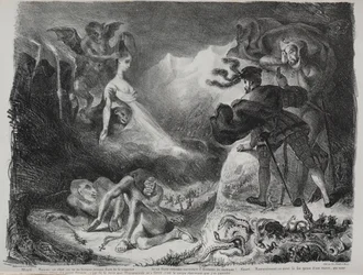 Illustrationen zu Faust: Margaretes Schatten erscheint Faust, 1828.
