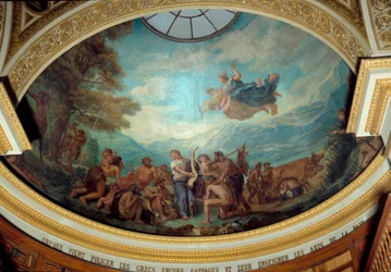 Orpheus kommt, um die noch wilden Griechen zu zivilisieren und sie die Künste des Friedens zu lehren. Fresko, das die Kuppel der Bibliothek der Nationalversammlung (Palais Bourbon) schmückt, 1843, Paris